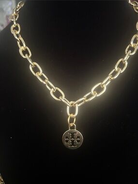 Tory Burch Gold Link Chain Necklace with Round Logo Charm - Women's Jewelry